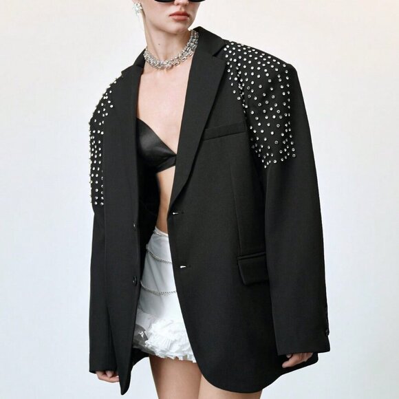 Black Elegant Formal Women's Oversized Rhinestone detailed Blazer - Picture 8 of 9